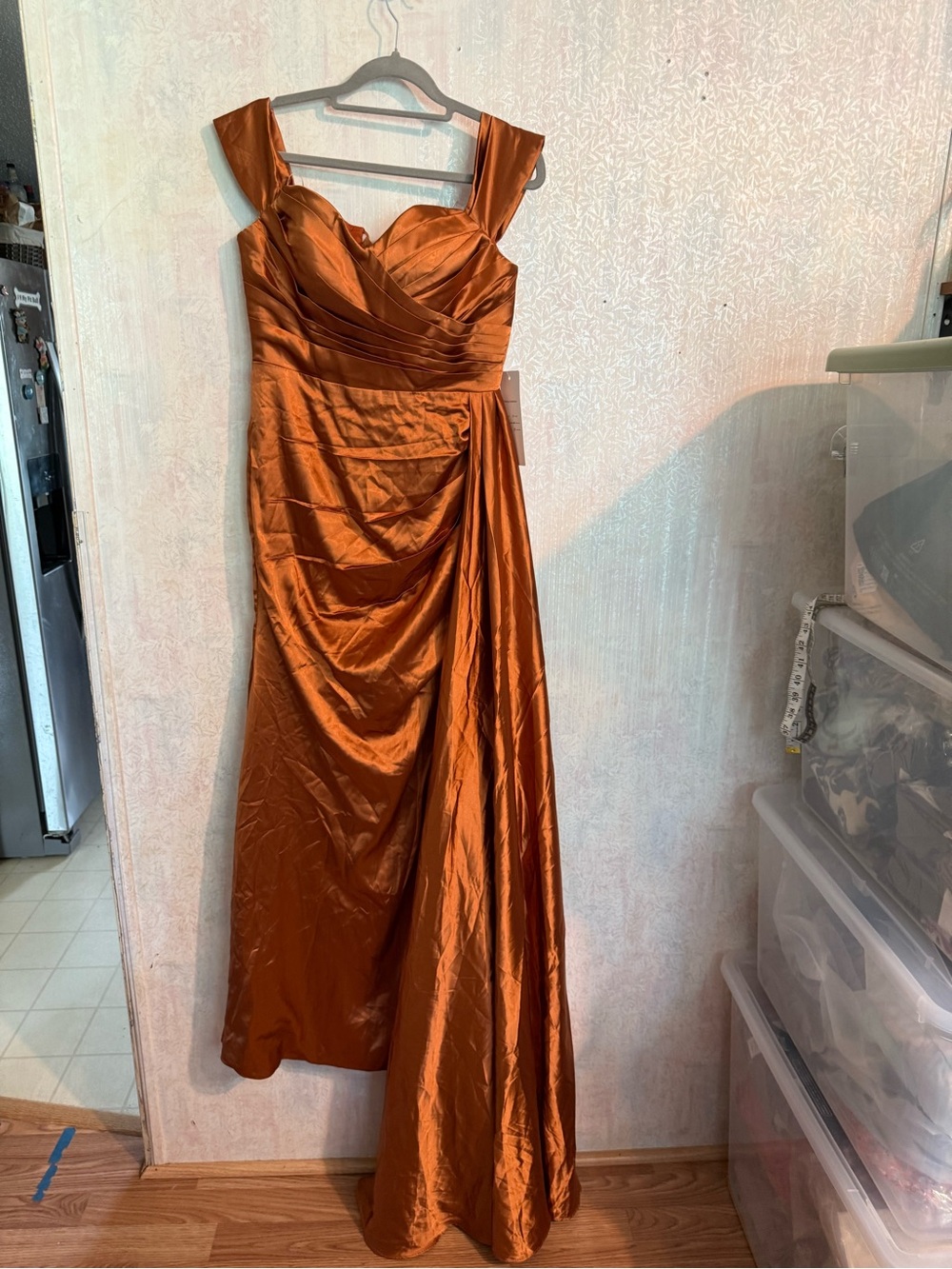 BURNT ORANGE OFF-THE-SHOULDER MERMAID DRESS LONG WITH SPLIT, Pit To Pit 18 In